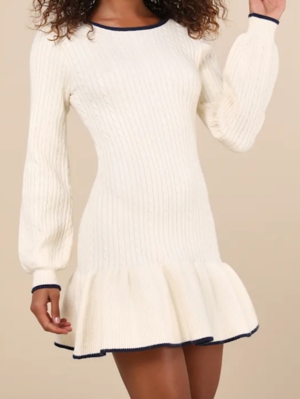 Lulus Ivory Cable Knit Long-Sleeve Ruffle Hem Dress Size SMALL. NEW With TAGS